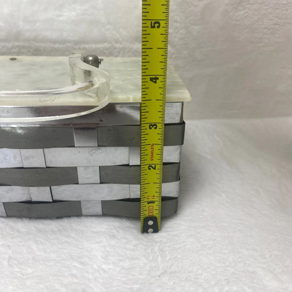 VTG Dorset Rex Lucite Basket Weave Metal Purse Silver White Bakelite Lid Handbag